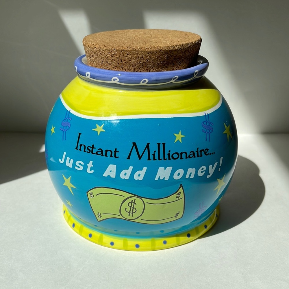 Pottery crock Ceramic canister jar “Instant millionaire” bank storage